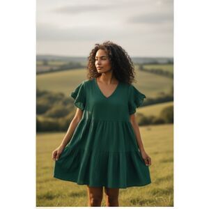 FANCYINN Size L 100% Cotton Forrest Green Tiered Peasant Dress WITH POCKETS!!